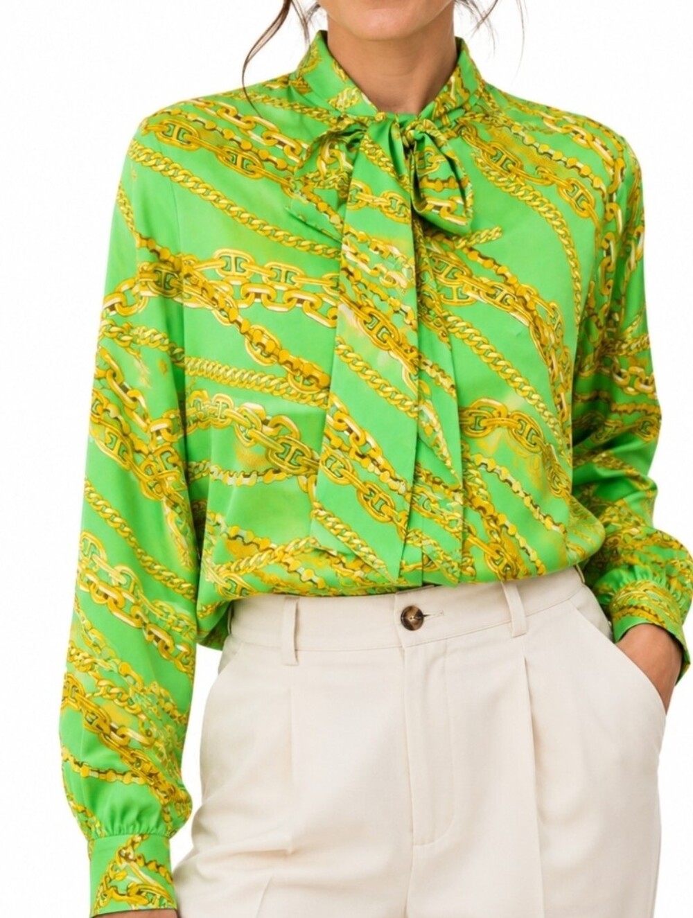 Balenciaga Chain Print Tie Neck Green Kelly Rare 100% silk blouse Size 38/6